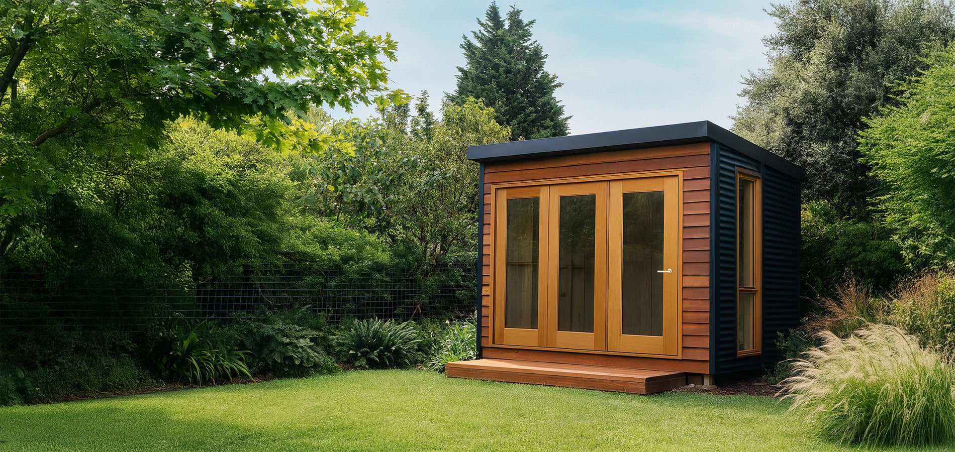 HangOut Studio Pod by Designer Hideaways — compact backyard studio kit with cedar cladding and bifold doors, ideal for home office or creative space.