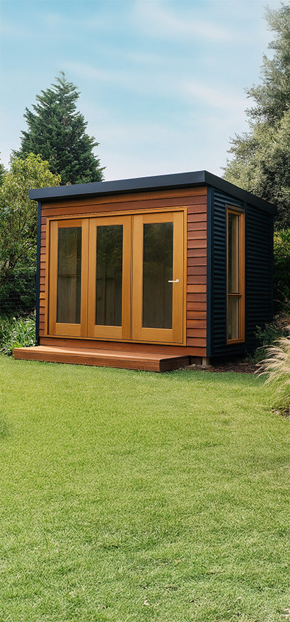 HangOut Studio Pod by Designer Hideaways — compact backyard studio kit with bifold doors, perfect for home office or creative space.