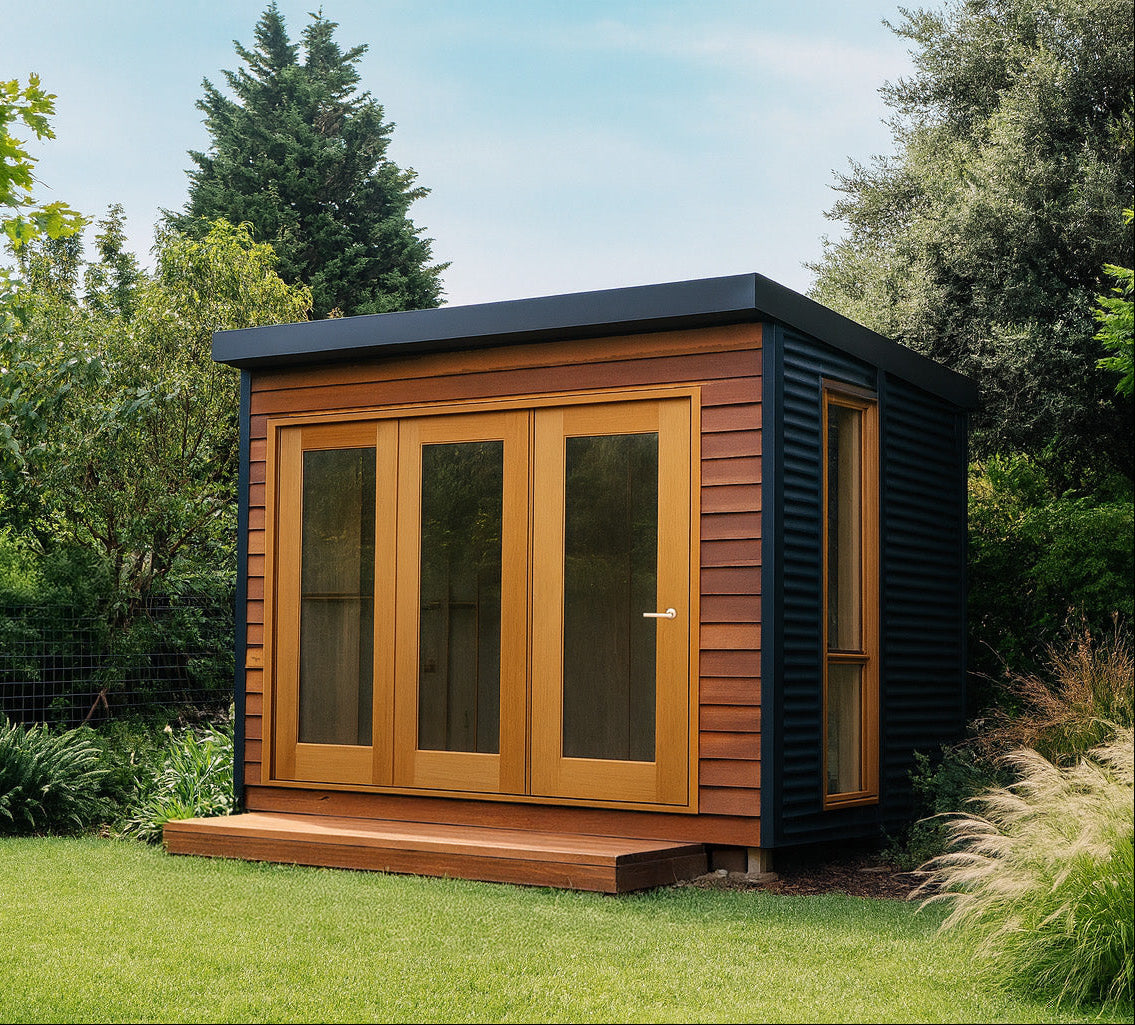 Cedar and Colorbond garden shed with glass doors in a lush green garden